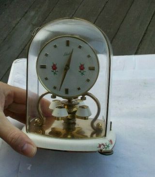Rare Vintage Schatz Germany Wind Up Shelf Clock & Dome 2 Jewels Floral Look Nr