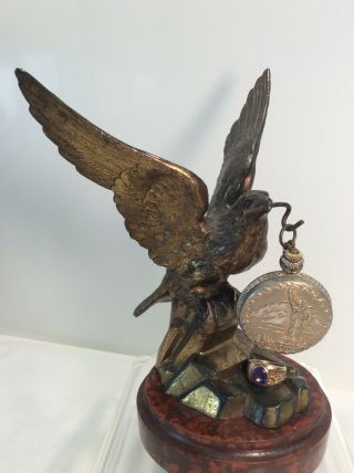 Antique Pocket Watch Stand,  Gold Gilt Eagle W/ring Tray On Wood Base,  1930 