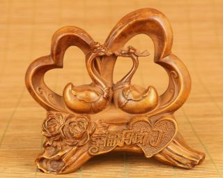 Rare Chinese Old Boxwood Hand Carving Love Swan Statue Table Decoration Gift