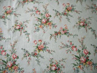 Vintage French Roses Floral Spray Cotton Fabric Coral Yellow Soft Blue Romanex