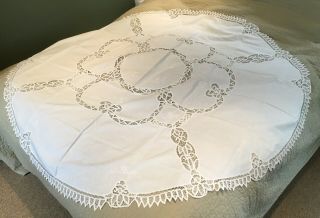Large Vintage White Cotton Batten Lace Floral Embroidered 69” Round Tablecloth