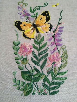 Vintage Hand Embroidered Panel Butterfly And Flowers Garden Wildlife Floral