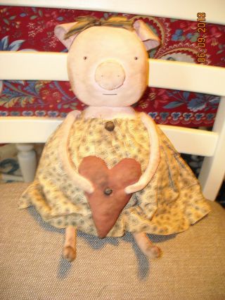 Primitive Grungy Folk Art Ooak Plump Pig Doll Holding Heart