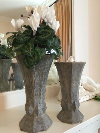 2 Antique French Art Deco Cast Iron Flower Pots Vases Urns Blue Grey Enamel