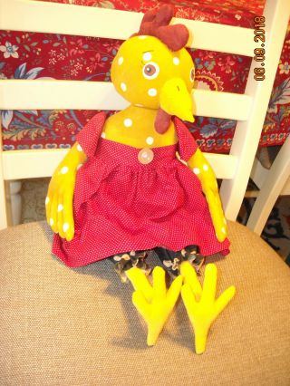 Primitive Folk Art Farmhouse Chicken Doll Shelf Sitter Red And Blue Outfit