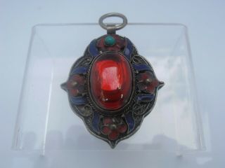 Large Vintage Chinese export silver enamel Red stone Pendant vintage jewellery 2