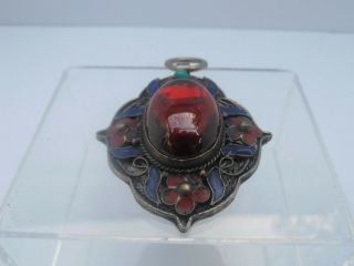 Large Vintage Chinese export silver enamel Red stone Pendant vintage jewellery 3