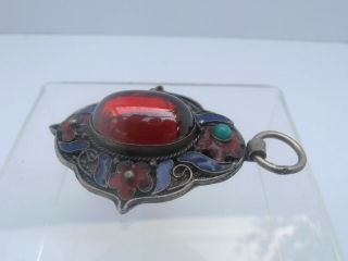 Large Vintage Chinese export silver enamel Red stone Pendant vintage jewellery 4