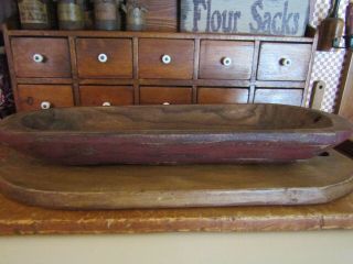 Large Wooden Carved Trencher Bowl Painted Cranberry Red On Outside - 19 3/4 " Long