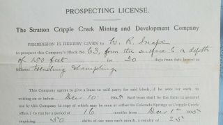 1905 Cripple Creek Colorado Stratton Mining Co.  Prospecting License - Mine Shaft