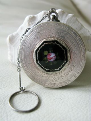 Antique Art Deco Silver T Black Enamel Pink Floral Finger Ring Dance Compact