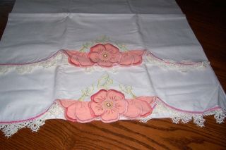 Antique Floral Appliqued And Lace Cotton Pillow Cases
