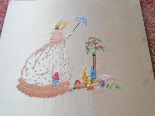 EXQUISITE HAND EMBROIDERED SILK CRINOLINE LADY PANEL GARDEN FLOWERS PARASOL 5