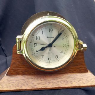 Old Vintage Brass Clock - Ships Bell - W Oak Stand - German Quartz By Bedchmark