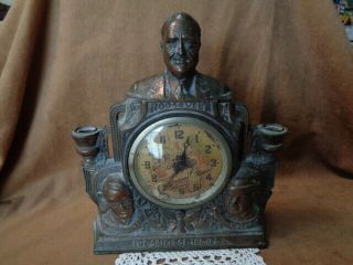 Vintage Fdr Roosevelt United Cast Metal Clock The Spirit Of The Usa