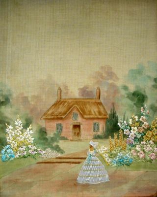 Antique Hand Embroidered Painted Linen Unframed Picture Crinoline Lady In Garden