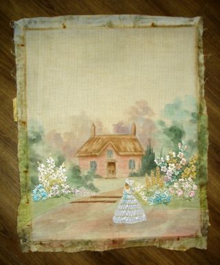 Antique Hand Embroidered Painted Linen Unframed Picture Crinoline Lady In Garden 2