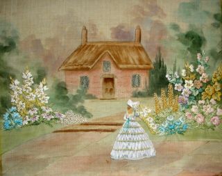 Antique Hand Embroidered Painted Linen Unframed Picture Crinoline Lady In Garden 3