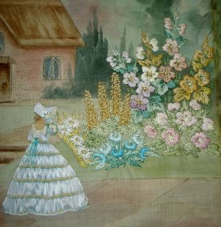 Antique Hand Embroidered Painted Linen Unframed Picture Crinoline Lady In Garden 4
