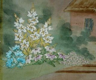 Antique Hand Embroidered Painted Linen Unframed Picture Crinoline Lady In Garden 5