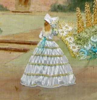Antique Hand Embroidered Painted Linen Unframed Picture Crinoline Lady In Garden 6