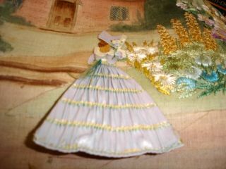Antique Hand Embroidered Painted Linen Unframed Picture Crinoline Lady In Garden 7