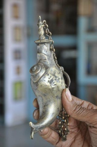 1930 ' s Old Brass Handcrafted Fish Shape Unique Gun Powder Bottle,  Rich Patina 5