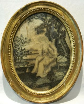 Small Early 19th Century Oval Silk Work Of A Maiden & Her Pet Goat - C.  1840