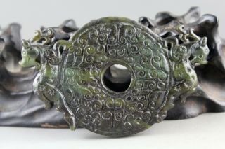 3.  3  Chinese Old Green Jade Hand - Carved Double Dragon Pendant Collect 0694