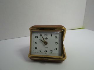 Vintage Lins Travel Wind Up Folding Alarm Clock Made In Japan Brown Case