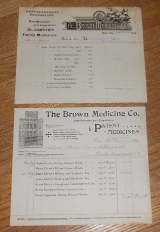 2 Antique Quack Medicine Billheads 1895 & 96 Carter 
