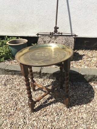 Vintage Boho Retro Brass Topped Folding Coffee Side Table Willow Pattern Tray