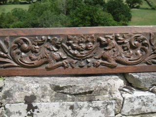19thc Gothic Oak Carved Panel With Gargoyles & Swag With Flowers