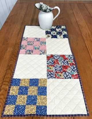 Country Pa Vintage Checkerboard Quilt Table Runner 32 X 16 Blue Yellow Pink