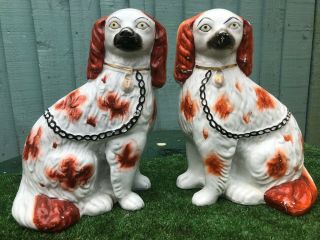 Pair: 19thc Staffordshire Russet Red & White Spaniel Dogs C1880s