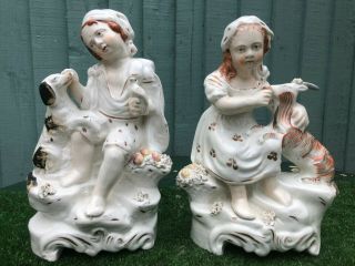 Pair: 19thc Staffordshire Male,  Female Figures With A Goat & Dog C1880s