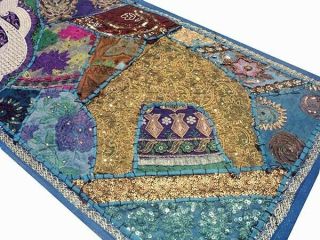 60 " Blue Crazy Quilt Heavily Sequin Sari Vintage Decor Tapestry Wall Hanging