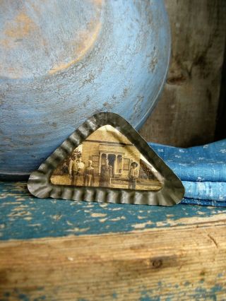 Early Antique Tin Toy Triangle Tray W Old Photo Print
