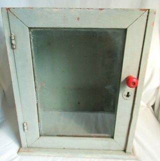 Antique Green Wood Medicine Cabinet Cupboard W/glass Shabby Vtg Chic Red Knob