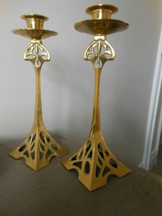 Vintage Pair Art Nouveau Style Solid Brass Candle Sticks