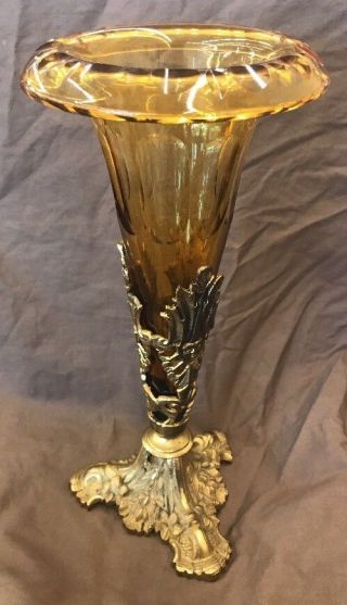 Antique Brass Gilded Gold Vase Cut Amber Glass Floral Figural Gilt French Etager