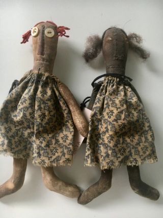 Primitive 8” Raggedy & Black Doll Sisters - Shelf Sitters Cupboard Hangers Erika