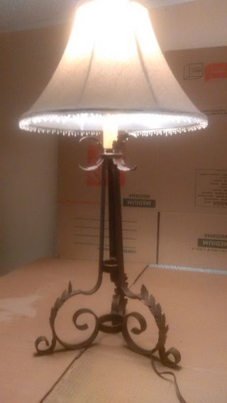 Vintage Hand Wrought Iron Hollywood Regency Candle Holder Table Lamp Leaf Design