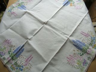 Vintage White Linen Tablecloth Hand Embroidered Garden & Tea Cosy Cover 1 M.  Sq