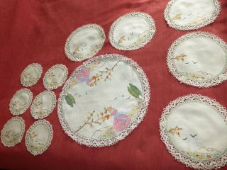 hand embroidered Crinoline lady table centre and mats,  doilies,  lace edged 2