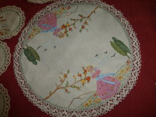 hand embroidered Crinoline lady table centre and mats,  doilies,  lace edged 3