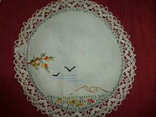 hand embroidered Crinoline lady table centre and mats,  doilies,  lace edged 5