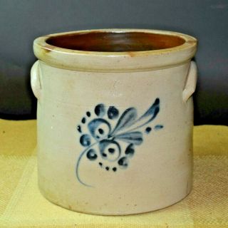Vintage - Stoneware Pot With Blue Cobalt Flower Crock Interesting Find