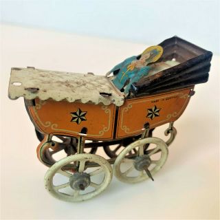 Antique German Tin Litho Toy Pull Cart/carriage With Passenger