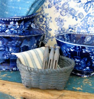 Tiny Blue Painted Laundry Basket W Antique Ticking & Toy Clothespins Freeship